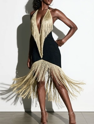 Fringe Deep V Neck Backless Midi Dress