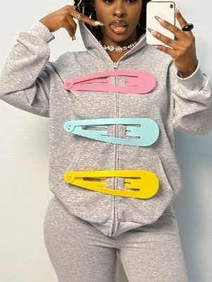 Colorful Hair Clip Decor Zipper Hoodies