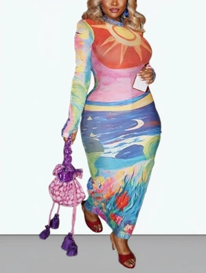 Abstract Printed Gauze Sheer Maxi Dress