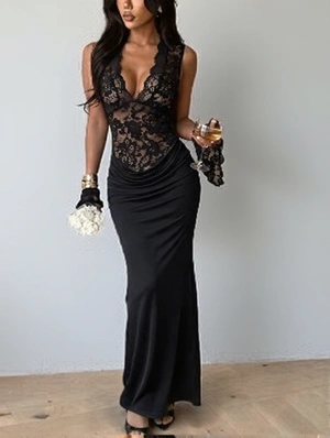 Deep V Lace Halter Maxi Dress