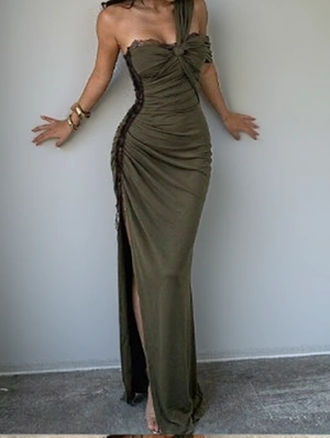 One Shoulder Lace Split Gown