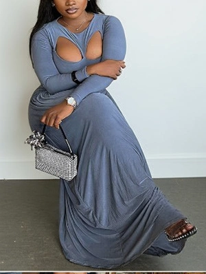 Hollow-out Pure Color Long Sleeve Dress