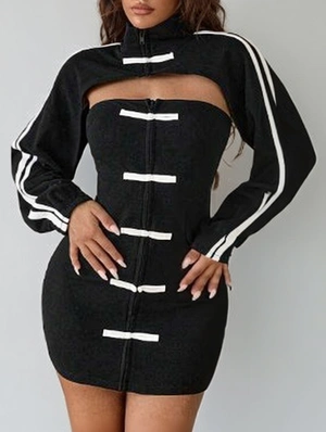 Frog Button Strapless Mini Dress Crop Jacket Sets
