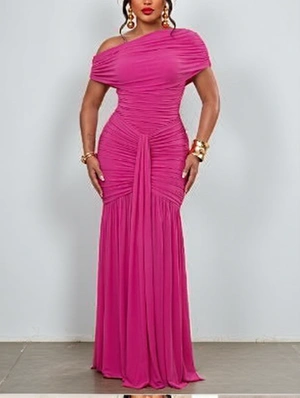 Ruched Inclined Shoulder Ribbons Maxi Dress