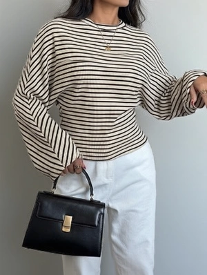 Crewneck Batwing Sleeve Striped T-shirts