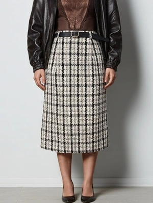 Plaid Tweed Straight Leg Midi Skirt
