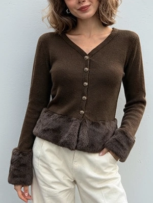 V Neck Faux Fur Panel Button Front Knit Coat