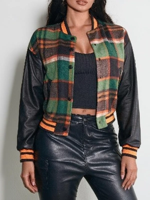 Plaid Panel PU Sleeve Baseball Jacket Women