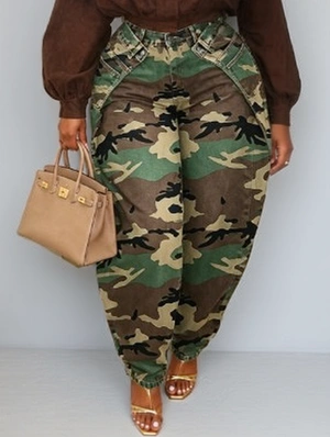Irregular Camo Denim Cargo Barrel Pants