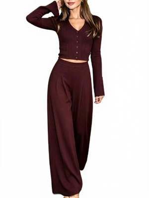 Button Long Sleeve Top Wide Leg Pants Set