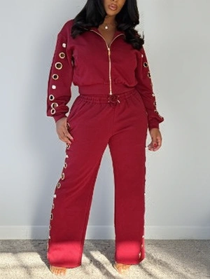Eyelets Metal Decor Lapel Coat Pant Sets