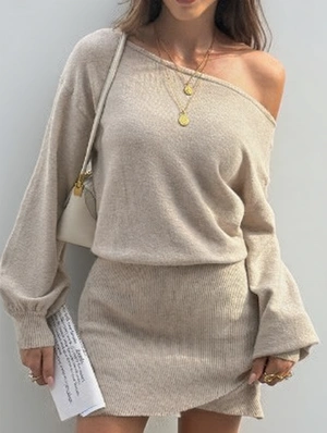 Off Shoulder Long Sleeve Knit Mini Dress