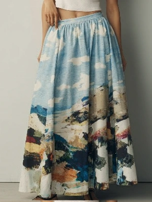 Vintage Print High Waist A Line Midi Skirt