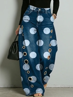 Polka Dots Eyelets Loose Denim Jeans