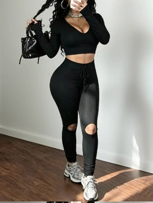 Hooded Crop Top Distressed Yoga Pants Set