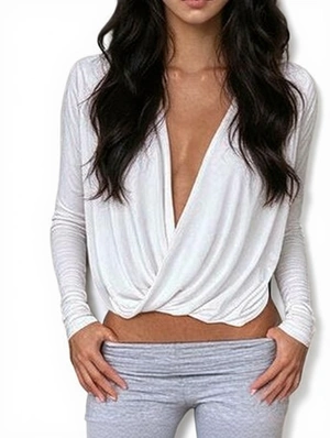 Asymmetrical Hem V Neck Long Sleeve Design Tops