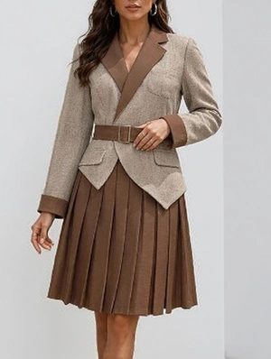 Lace Up Patchwork Tailored Collar Long Sleeve Dress