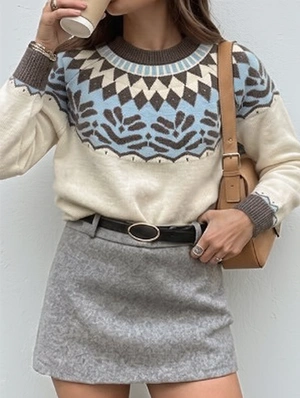 Jacquard Weave Crewneck Baggy Pullover Sweater