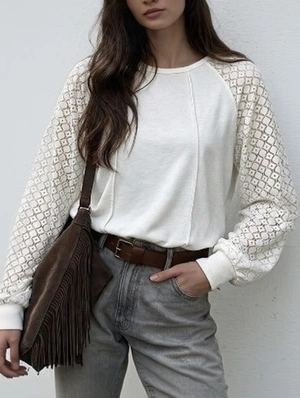 Lace Panel Patchwork Round Neck T-shirts