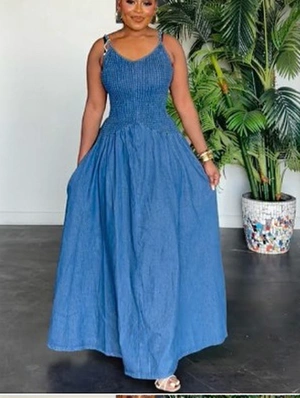 Solid Ruched Spaghetti Straps Full Skirt Dress