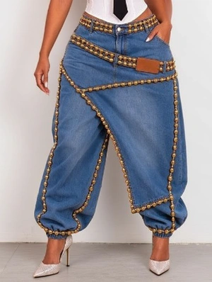 Rhinestones Denim Loose Ankle-tied Jeans