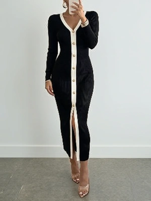V Neck Colorblock Long Sleeve Fitted Knit Dress