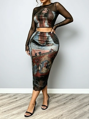 Round Neck Figure Pattern Print Gauze Skirt Sets