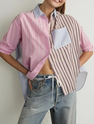 Contrast Stripe Button Down Long Sleeve Blouse