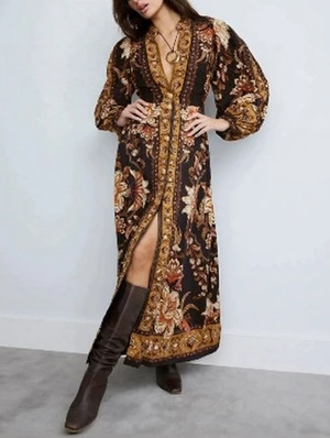 Boho Button Front Floral Puff Sleeve Long Dress