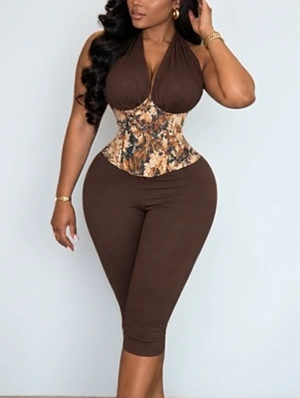 Halter V Neck Backless Capri Rompers
