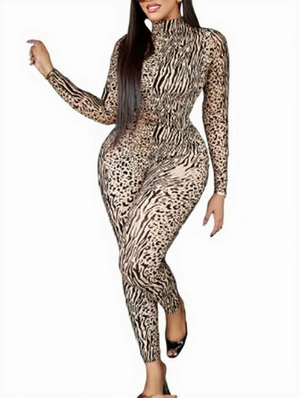 Leopard Highneck Skinny Jumpsuits