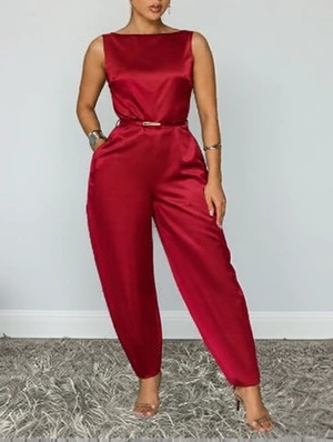 Satin Backless Jumpsuits With Belt