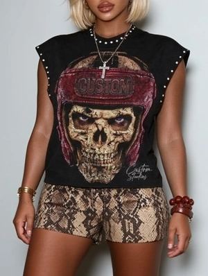 Skull Letter Printed Vintage Studded Tanks