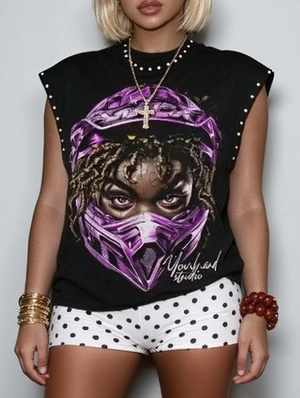 Studded Graffiti Loose Streetwear Tanks