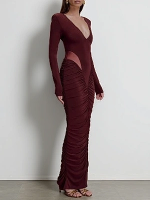 Long Sleeve Plunge Ruched Hollow Out Fitted Dress