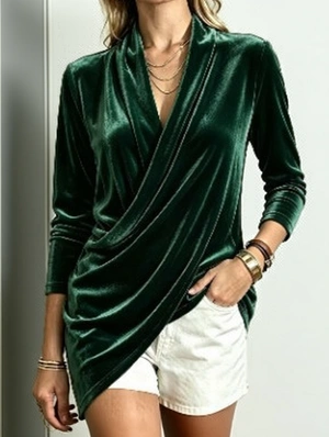 V Neck Long Sleeve Pleuche Design Tops