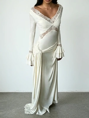 Lace Spliced Bell Sleeve Slim Sexy Maxi Dress