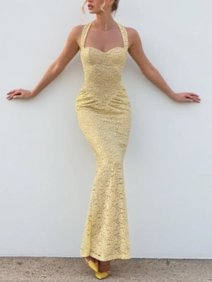 Halter Open Back Lace Spliced Slim Maxi Dress