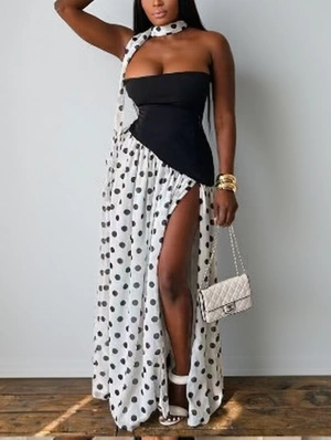 Tube Top Polka Dot Slit Long Dress With Scarf