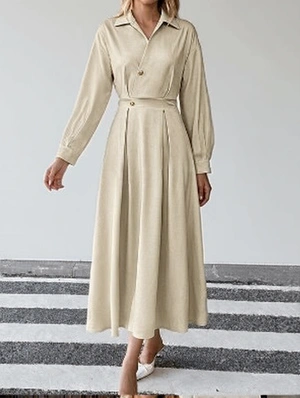 Patchwork Solid Color One Button Long Sleeve Dress