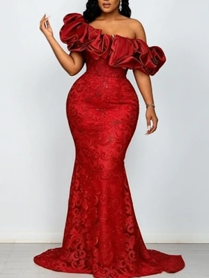 Sequin Panel Bardot Neck Fishtail Evening Dress