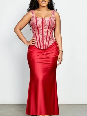 Strapless Satin Lace Trim Sleeveless Maxi Set