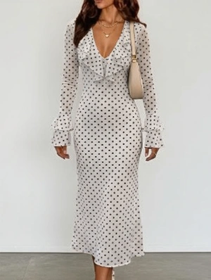 Deep V Polka Dots Split Long Dress