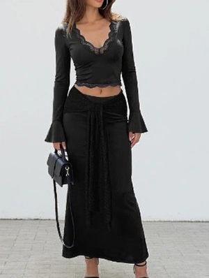Lace Deep V Crop Top Tie Skirt Set