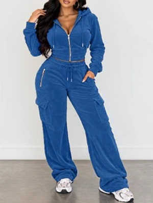 Velour Cropped Zipper Hooded Pant Sets