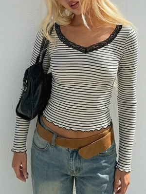 Lace Trim Stripe Long Sleeve Top