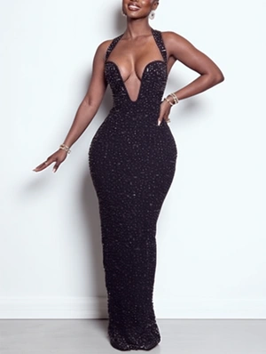 Rhinestone Deep V Halter Mermaid Long Dress