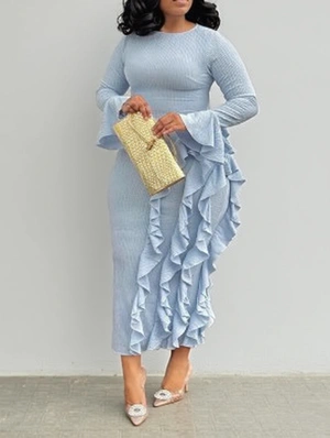 Long Sleeve Ruffle Trim Bodycon Long Dress
