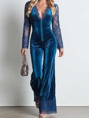 Lace Detail Deep V Neck Wide Leg Jumpsuits