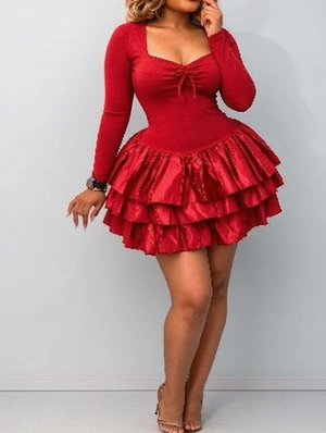Square Neck Long Sleeve Tiered Ruffle Mini Dress